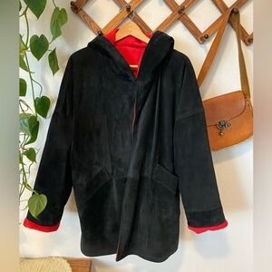 Vintage XOE Bergoff Goodman Suede Coat Fleece Lined Hooded Oversized Leather